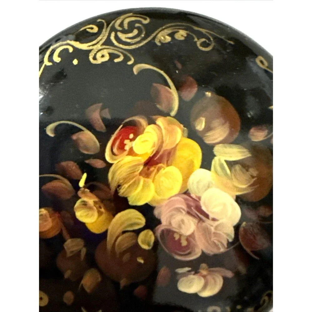 Vintage Russian Black Lacquer Floral Brooch Papier-mache Hand Painted Pin Signed